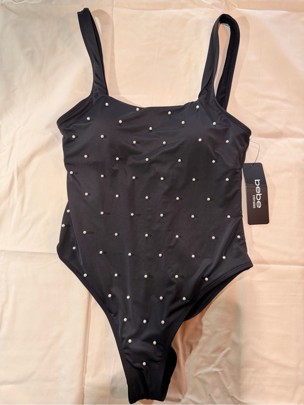 bebe Black One-Piece Swimsuit with Pearl Stud Accents
